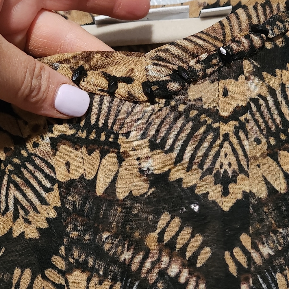 SUSAN GRAVER Abstract Print Blouse Womens Plus 1X Brown Black Sheer Tunic Top - Picture 7 of 14